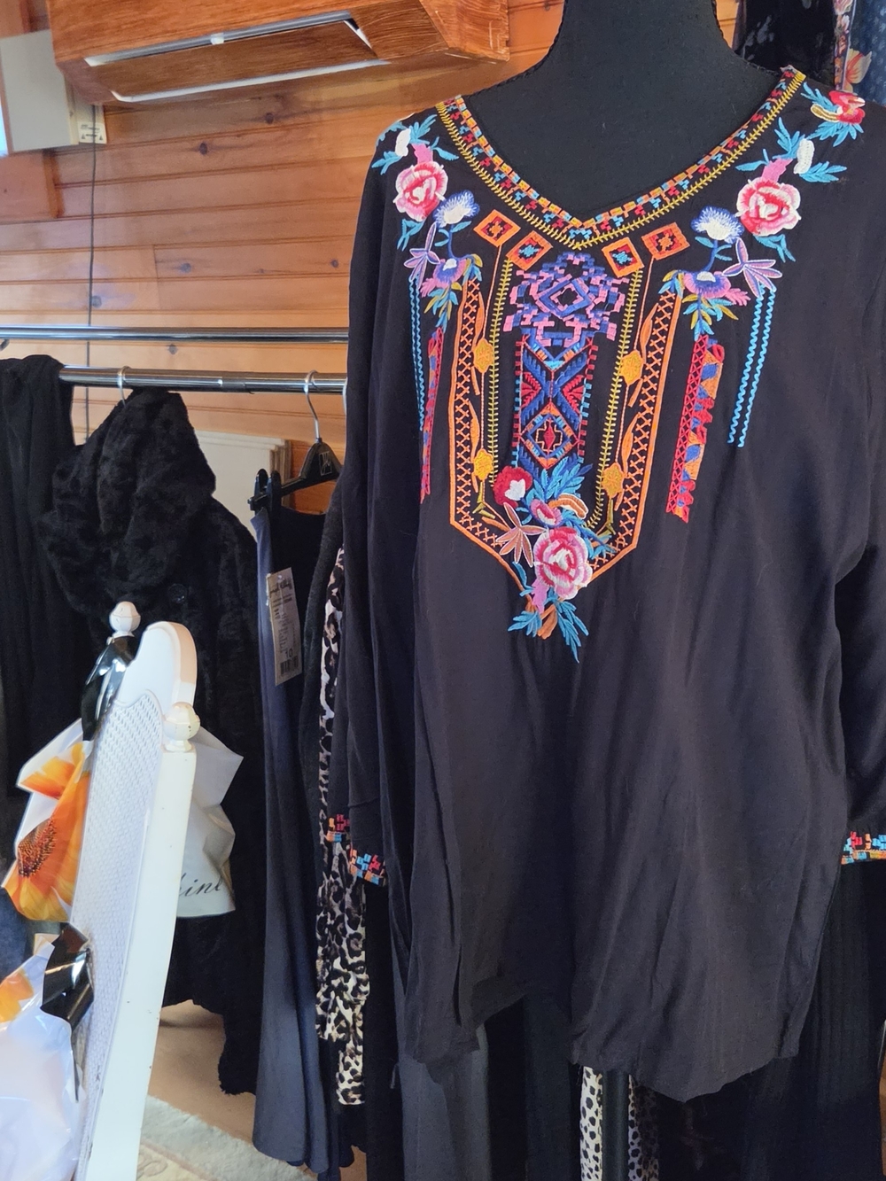 Black Embroidered V-Neck Tunic with Multicolor Floral Detail